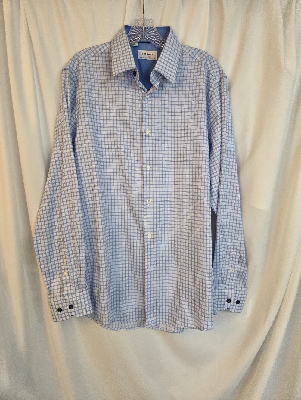DUCHAMP London Slim Fit Light Blue Windowpane Button-Down Shirt Size 16/L